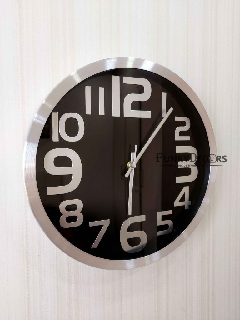 FunkyDecors Big Font Silver Black Minimal Wall Clock Watch Decor For Home Office And Gifts 30 Cm