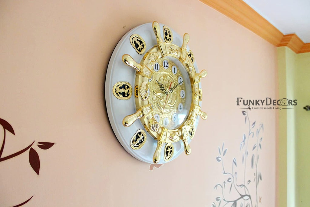 Funkytradition Big Royal Designer Gold Plated White Premium Hanging Wall Clock For Home Office Decor
