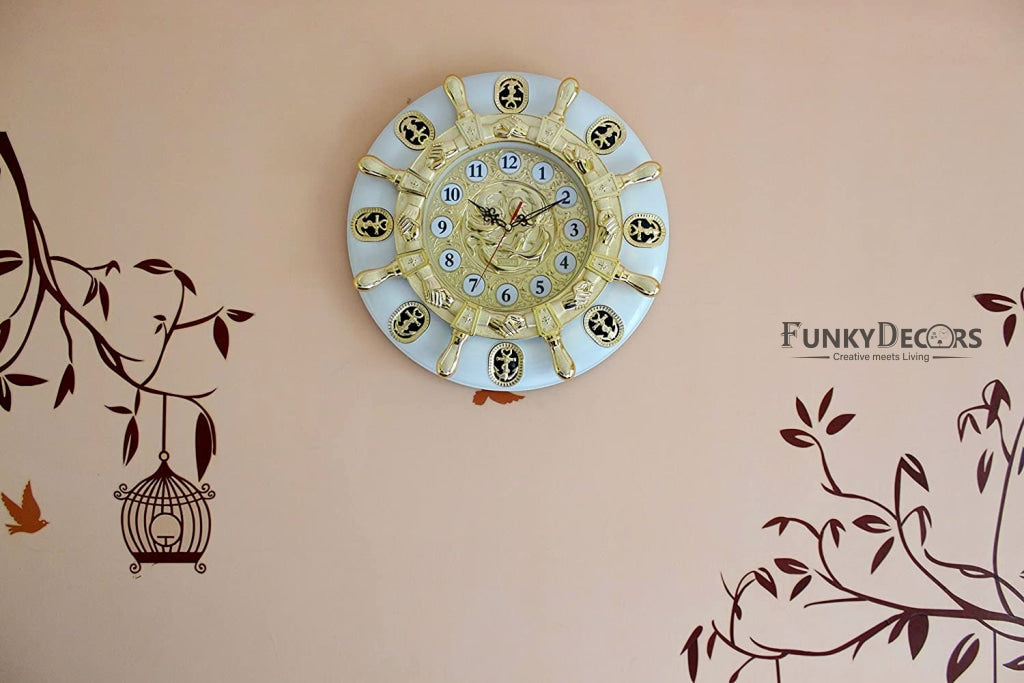 Funkytradition Big Royal Designer Gold Plated White Premium Hanging Wall Clock For Home Office Decor