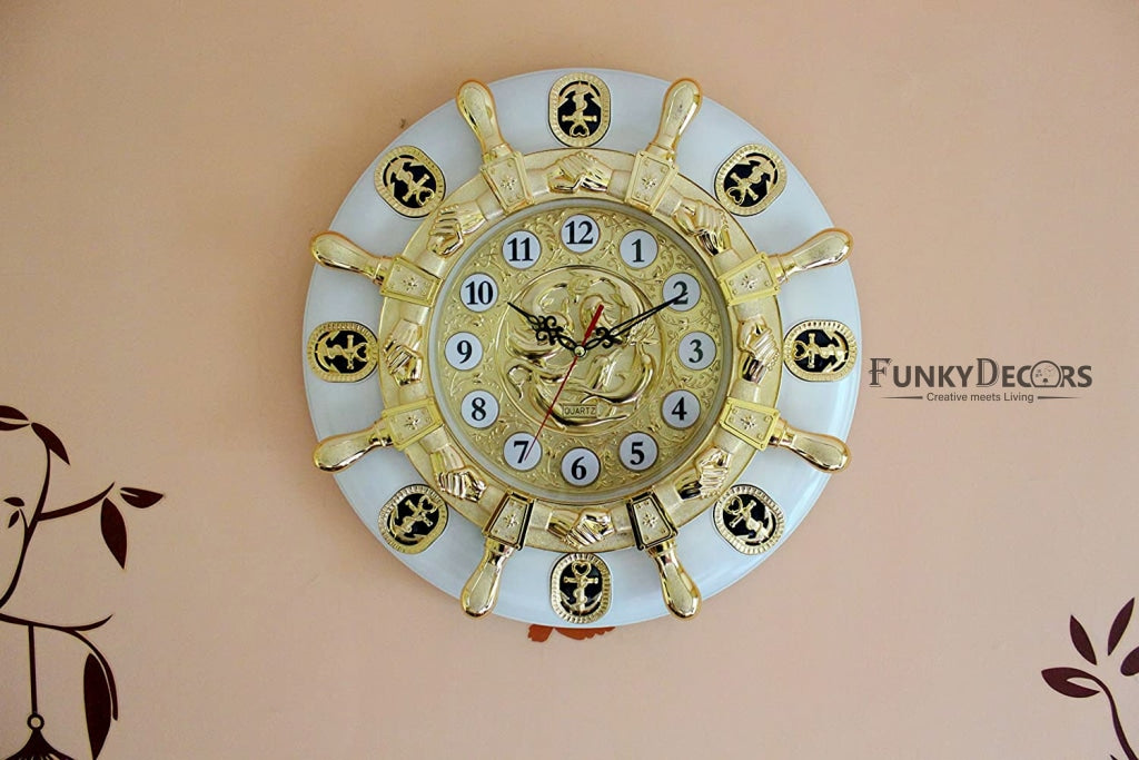 Funkytradition Big Royal Designer Gold Plated White Premium Hanging Wall Clock For Home Office Decor