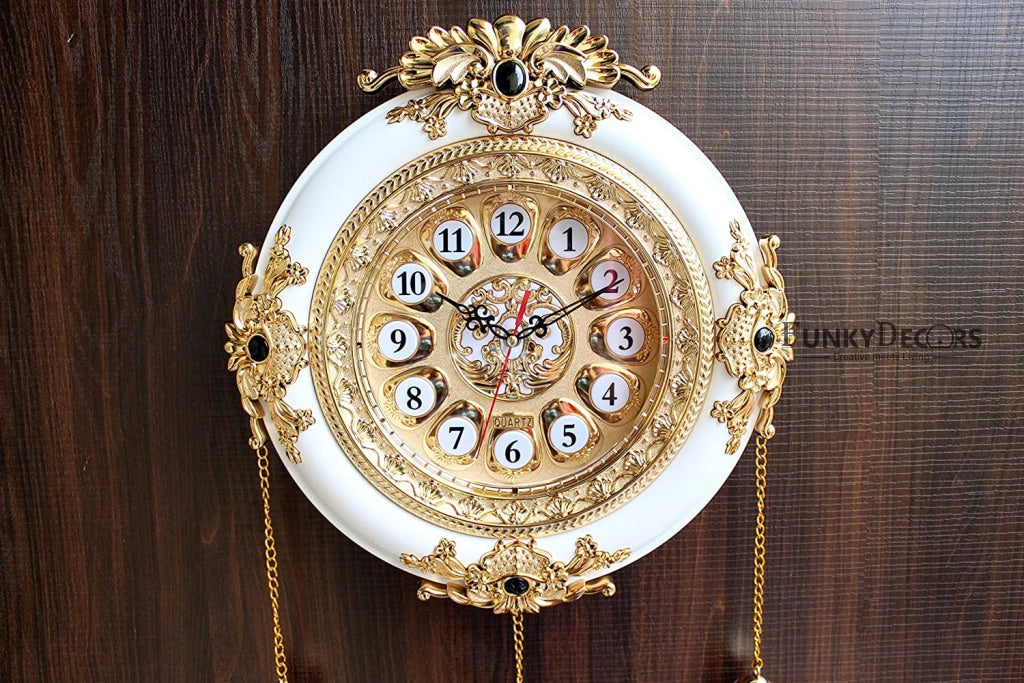 Funkytradition Big Royal Designer Gold Plated White Premium String Hanging Wall Clock For Home