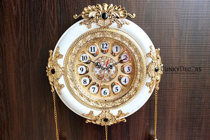 Funkytradition Big Royal Designer Gold Plated White Premium String Hanging Wall Clock For Home