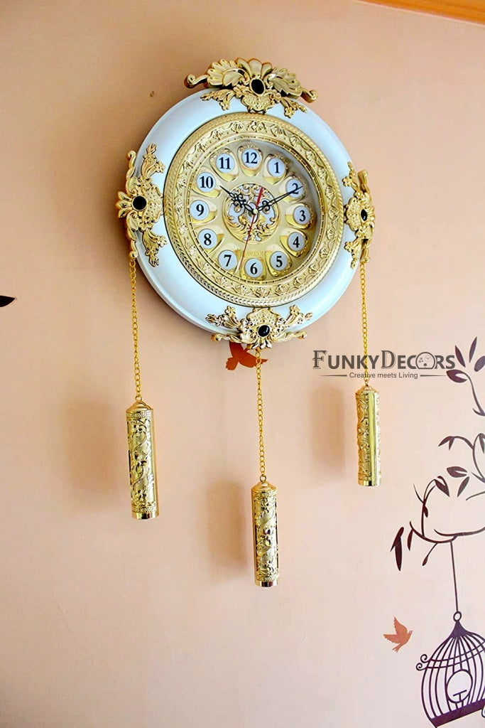 FunkyDecors Big Royal Designer Gold Plated White Premium String Hanging Wall Clock For Home