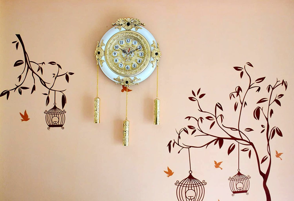 FunkyDecors Big Royal Designer Gold Plated White Premium String Hanging Wall Clock For Home