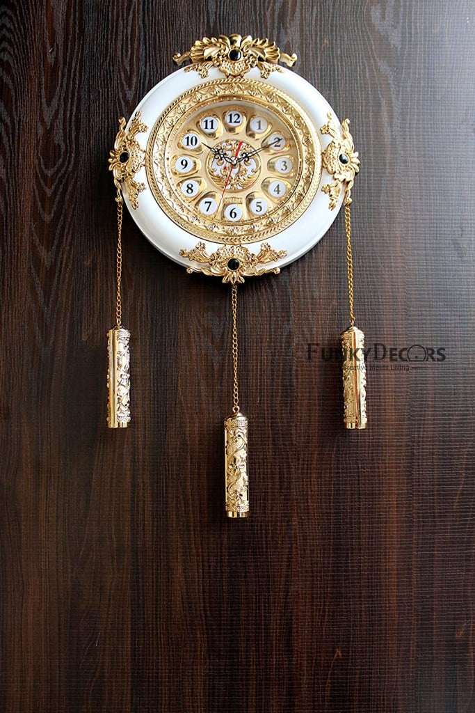 Funkytradition Big Royal Designer Gold Plated White Premium String Hanging Wall Clock For Home