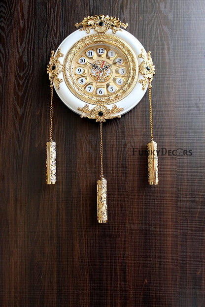 Funkytradition Big Royal Designer Gold Plated White Premium String Hanging Wall Clock For Home