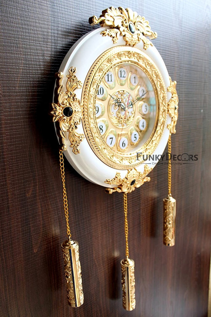 Funkytradition Big Royal Designer Gold Plated White Premium String Hanging Wall Clock For Home