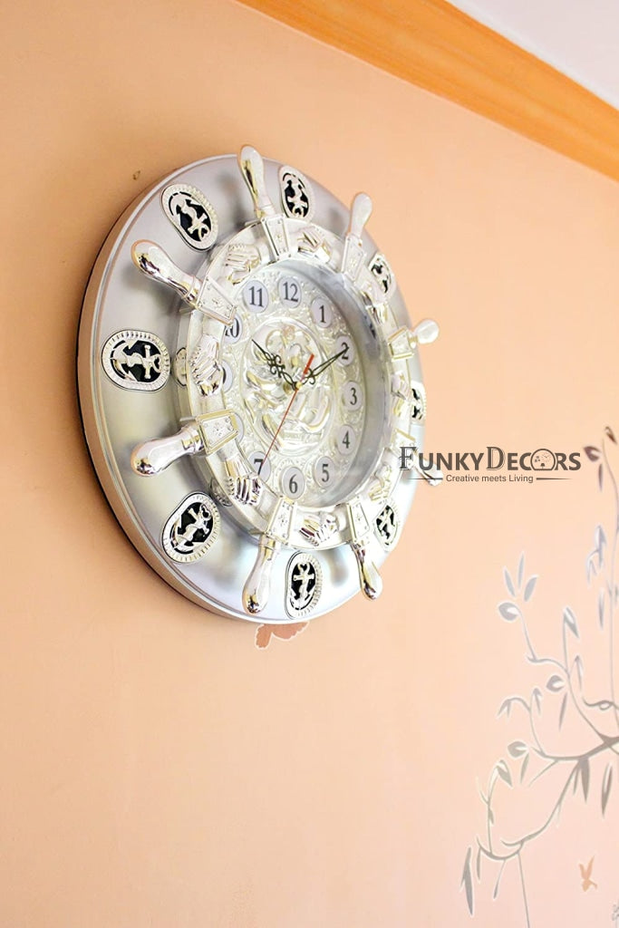 Funkytradition Big Royal Designer Silver Plated White Premium Hanging Wall Clock For Home Office