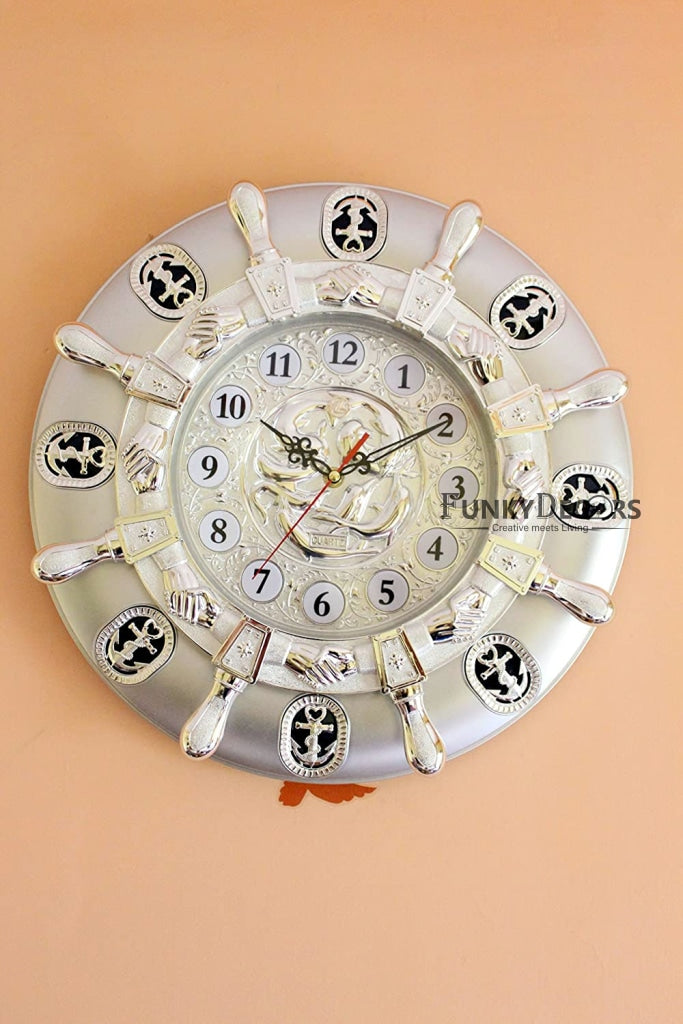 Funkytradition Big Royal Designer Silver Plated White Premium Hanging Wall Clock For Home Office