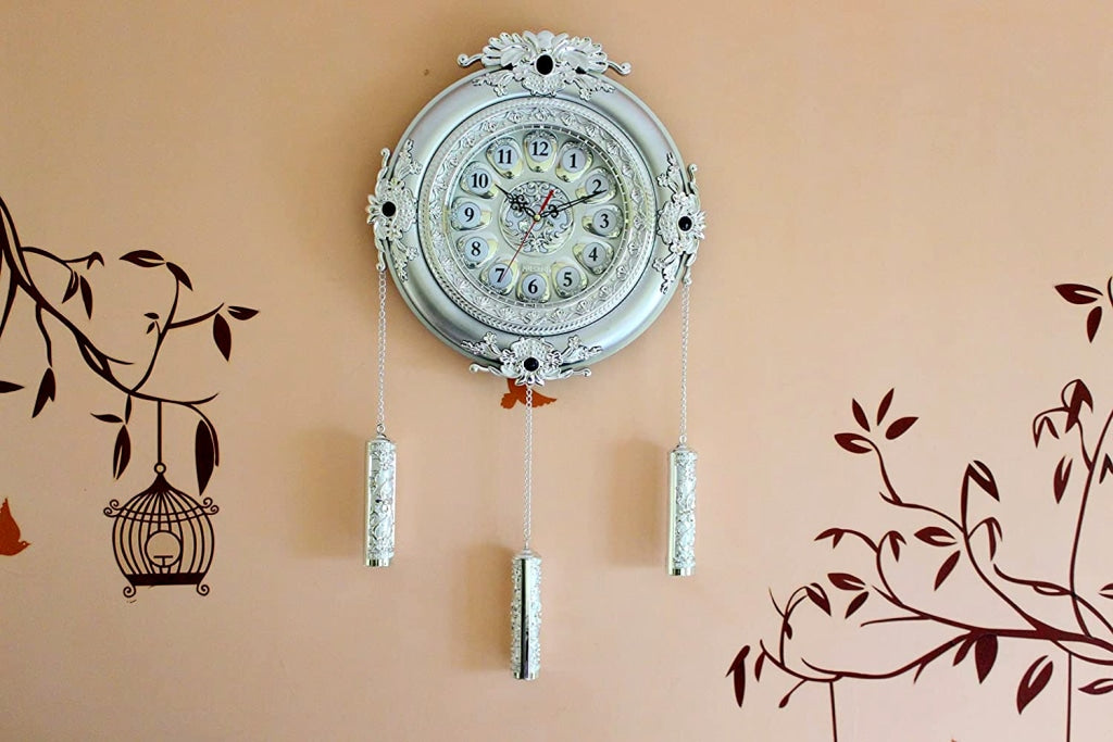 Funkytradition Big Royal Designer Silver Plated White Premium String Hanging Wall Clock For Home