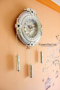 Funkytradition Big Royal Designer Silver Plated White Premium String Hanging Wall Clock For Home