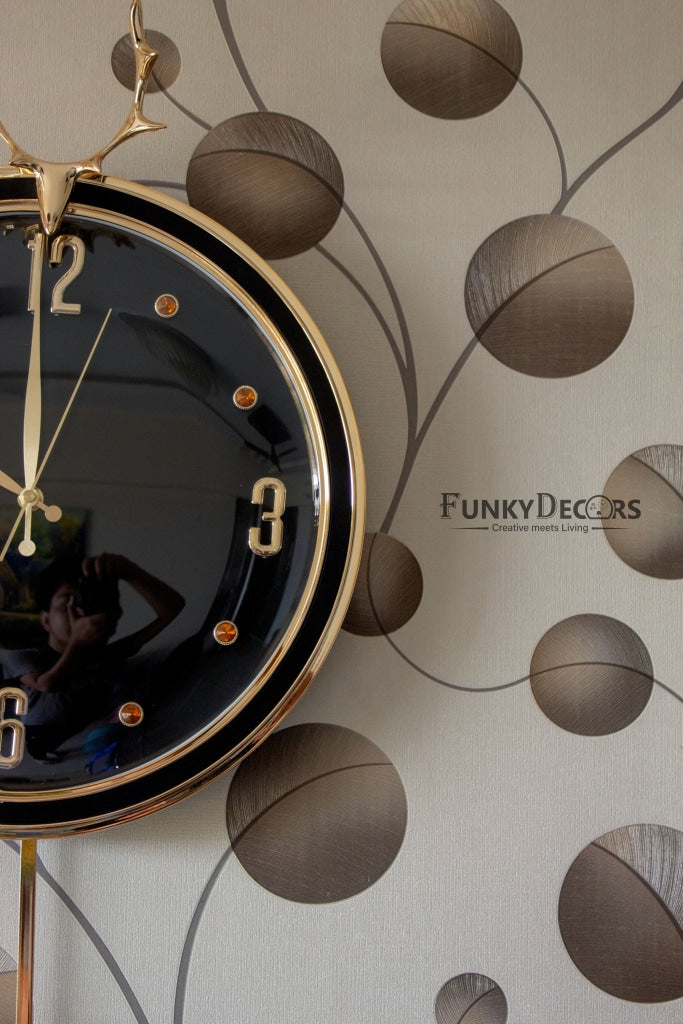 Funkytradition Black Golden Reindeer Pendulum Wall Clock Watch Decor For Home Office And Gifts 65 Cm