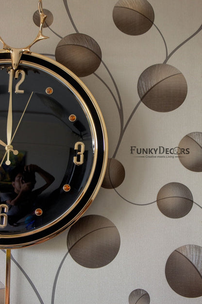 Funkytradition Black Golden Reindeer Pendulum Wall Clock Watch Decor For Home Office And Gifts 65 Cm