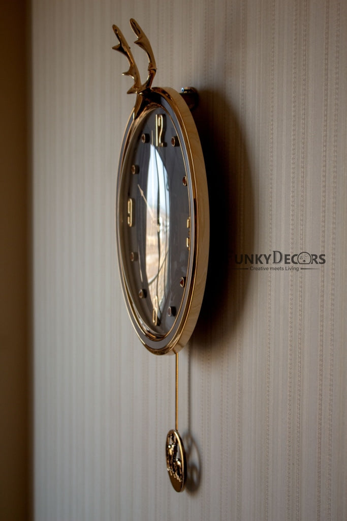 FunkyDecors Black Golden Reindeer Pendulum Wall Clock Watch Decor For Home Office And Gifts 65 Cm