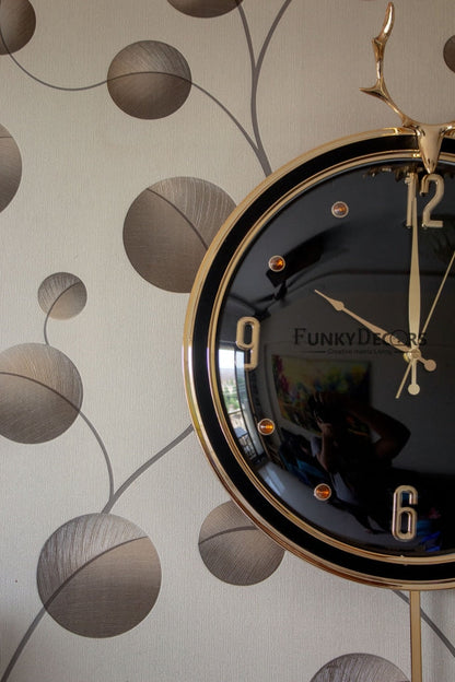 Funkytradition Black Golden Reindeer Pendulum Wall Clock Watch Decor For Home Office And Gifts 65 Cm