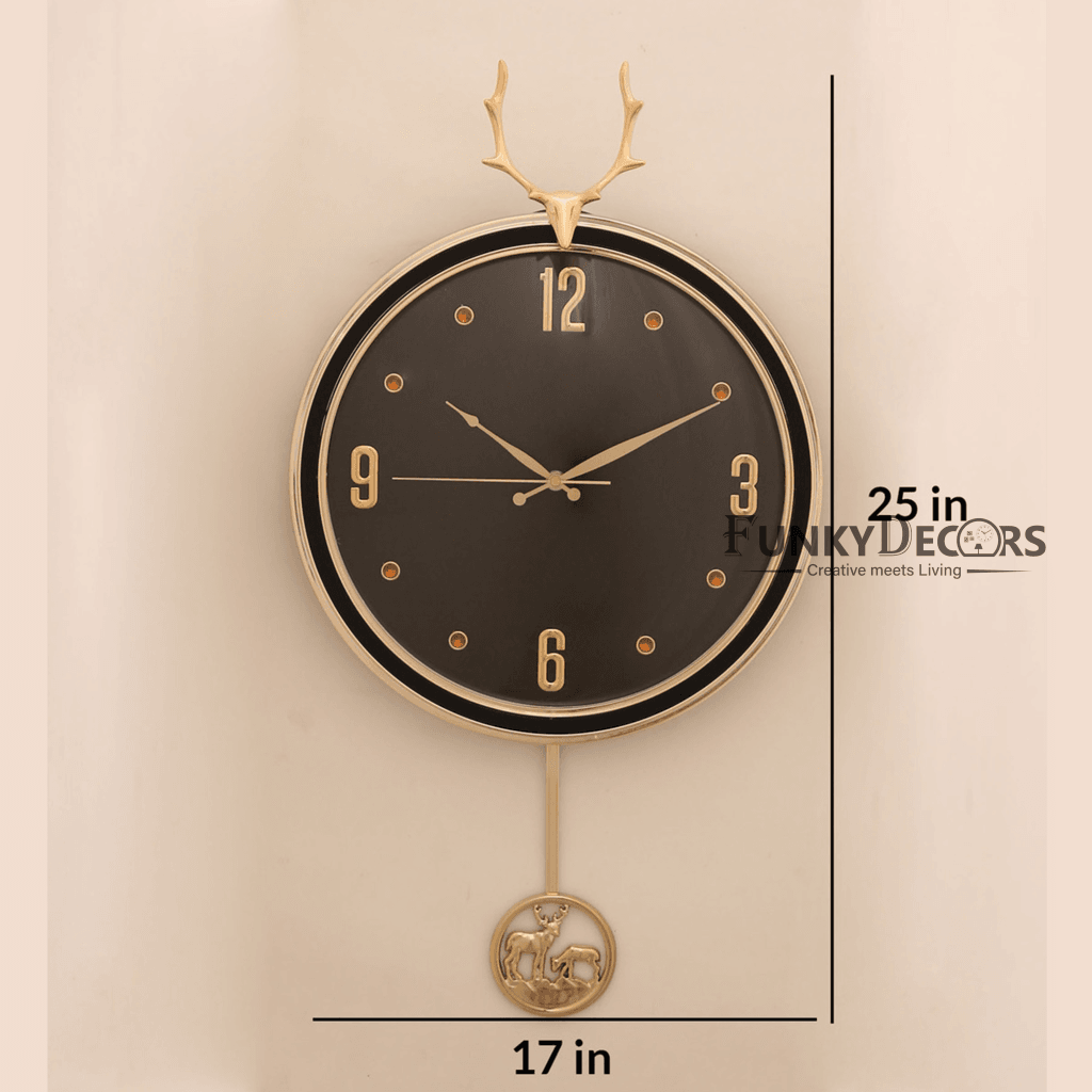 FunkyDecors Black Golden Reindeer Pendulum Wall Clock Watch Decor For Home Office And Gifts 65 Cm