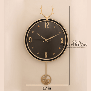 Funkytradition Black Golden Reindeer Pendulum Wall Clock Watch Decor For Home Office And Gifts 65 Cm