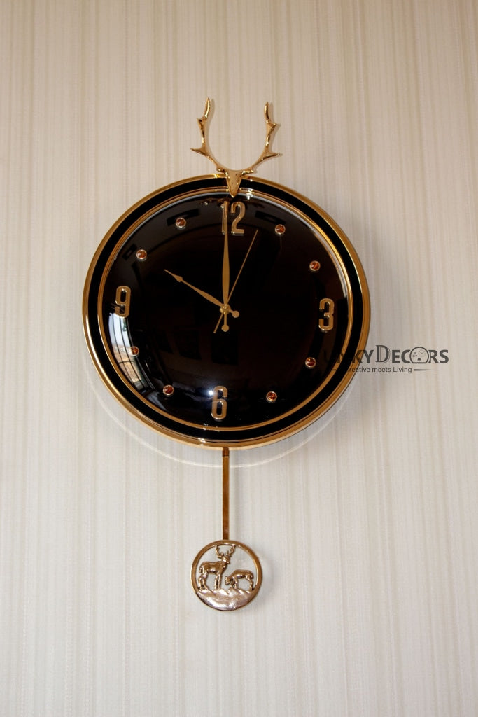 Funkytradition Black Golden Reindeer Pendulum Wall Clock Watch Decor For Home Office And Gifts 65 Cm