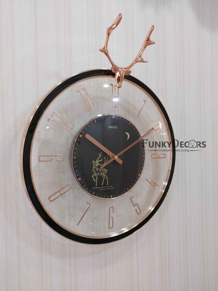 Funkytradition Black Reindeer Glass Transparent Minimal Wall Clock Watch Decor For Home Office And