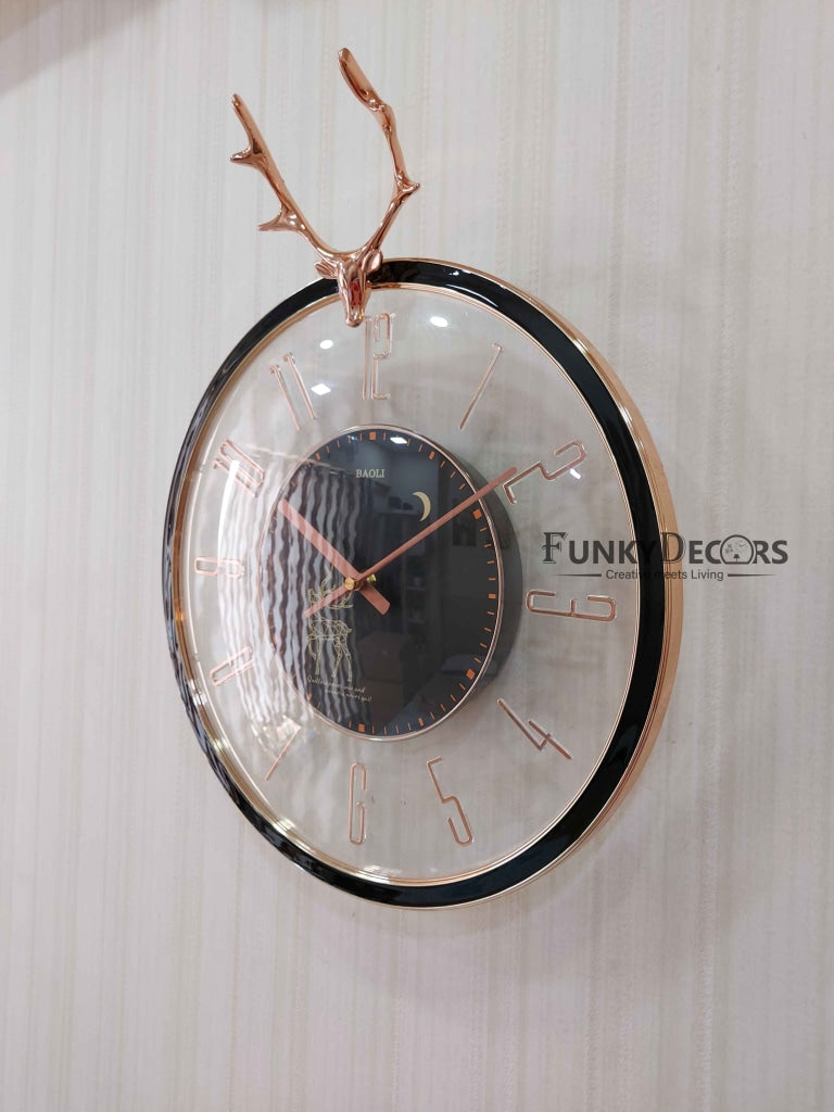 FunkyDecors Black Reindeer Glass Transparent Minimal Wall Clock Watch Decor For Home Office And