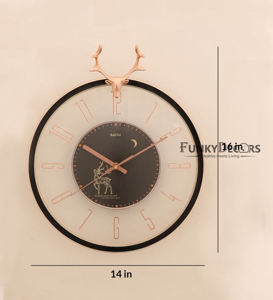 FunkyDecors Black Reindeer Glass Transparent Minimal Wall Clock Watch Decor For Home Office And