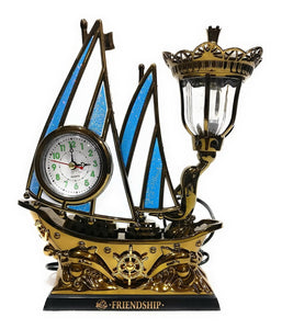FunkyTradition Blue Golden Flag Vintage Pirates Ship Table Lamp with Alarm Clock for Christmas, Anniversary, Birthday Gift, Home and Office Decor