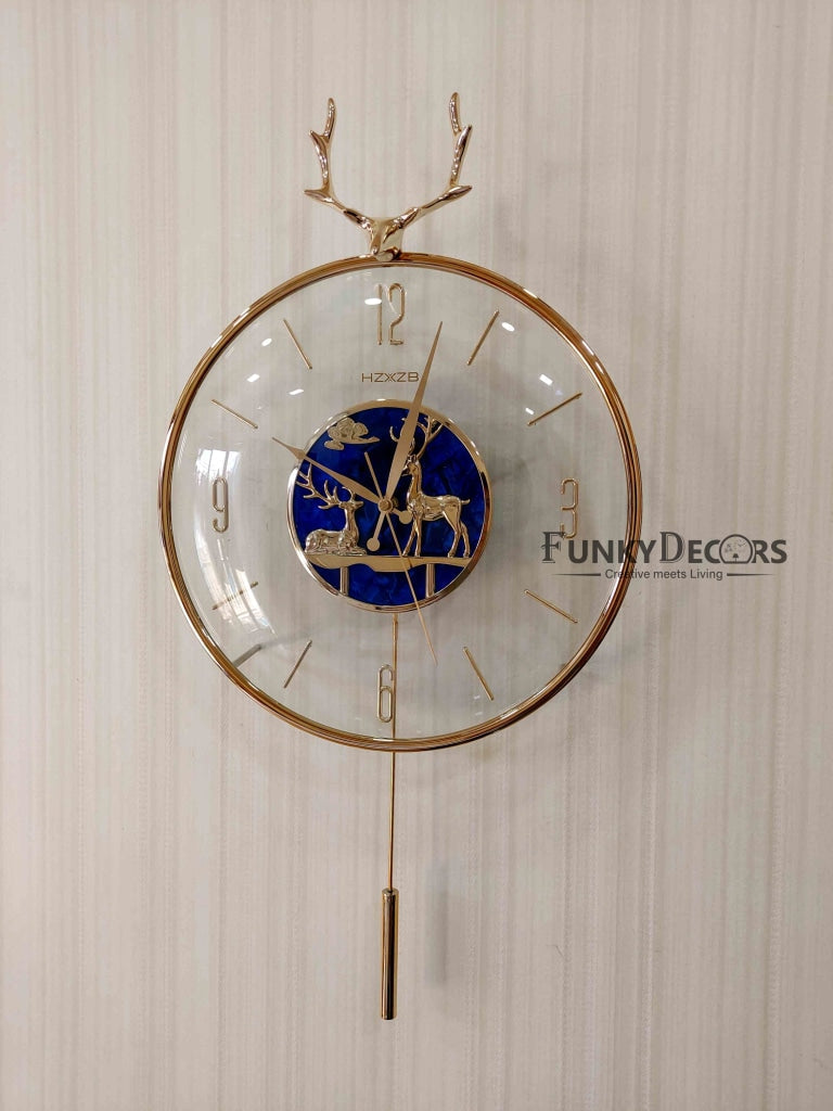 FunkyDecors Blue Minimal Transparent Reindeer Pendulum Wall Clock Watch Decor For Home Office And
