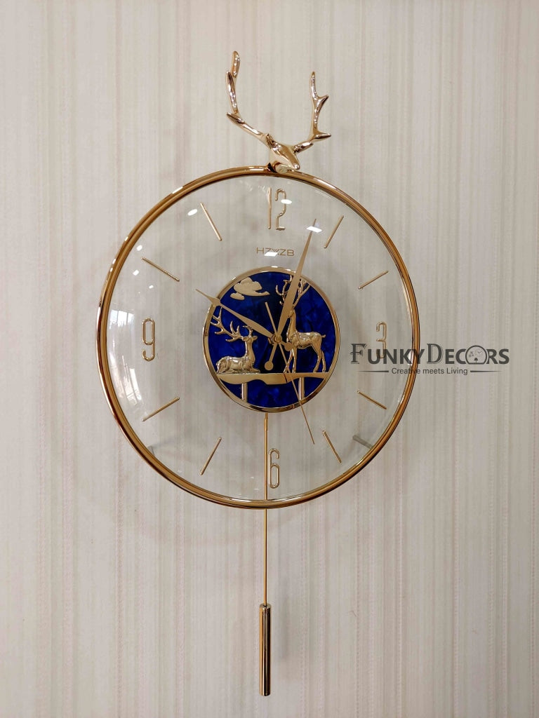 FunkyDecors Blue Minimal Transparent Reindeer Pendulum Wall Clock Watch Decor For Home Office And