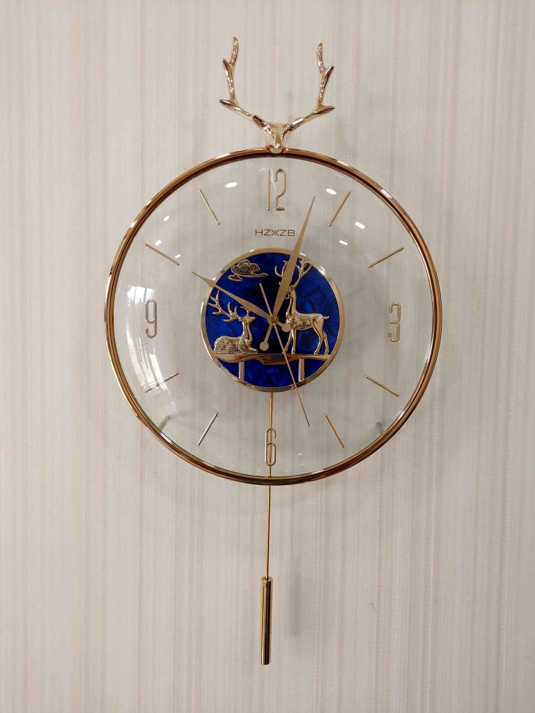 Funkytradition Blue Minimal Transparent Reindeer Pendulum Wall Clock Watch Decor For Home Office And