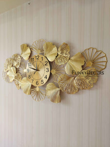 Funkytradition Creative Luxury Decoration Golden Horizontal Flower Wall Clock Watch Decor For Home