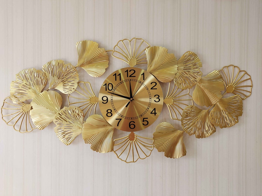 FunkyDecors Creative Luxury Decoration Golden Horizontal Flower Wall Clock Watch Decor For Home