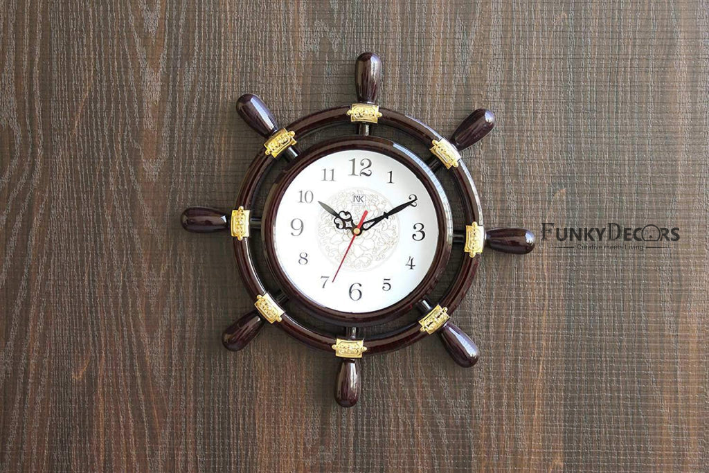 FunkyTradition Decorative Antique Retro Round Ship Steering Shape Plastic Pendulum Wall Clock for Home Office Decor and Gifts 40 CM Tall