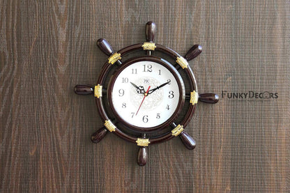 FunkyTradition Decorative Antique Retro Round Ship Steering Shape Plastic Pendulum Wall Clock for Home Office Decor and Gifts 40 CM Tall