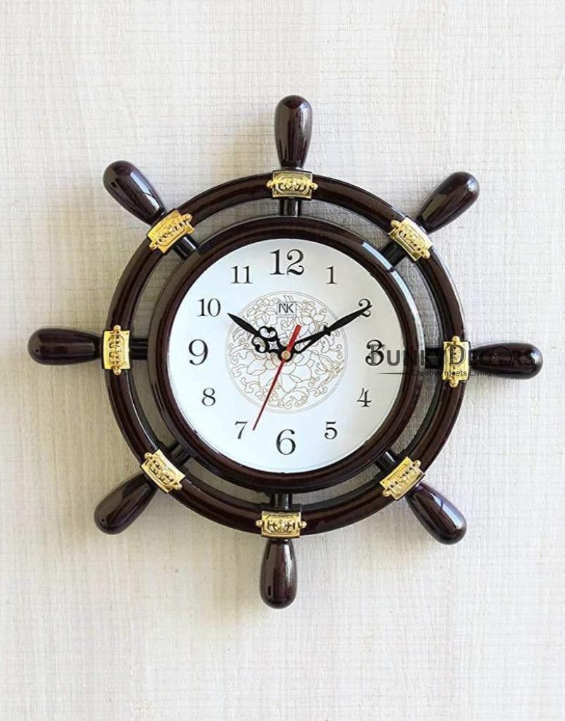FunkyTradition Decorative Antique Retro Round Ship Steering Shape Plastic Pendulum Wall Clock for Home Office Decor and Gifts 40 CM Tall
