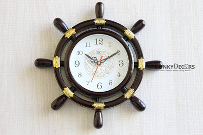 FunkyTradition Decorative Antique Retro Round Ship Steering Shape Plastic Pendulum Wall Clock for Home Office Decor and Gifts 40 CM Tall