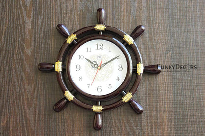FunkyTradition Decorative Antique Retro Round Ship Steering Shape Plastic Pendulum Wall Clock for Home Office Decor and Gifts 40 CM Tall