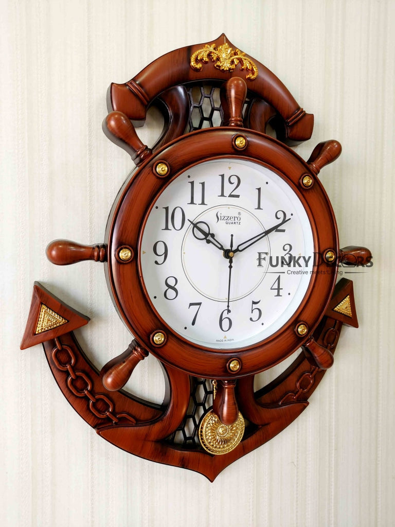 Funkytradition Decorative Retro Anchor Ship Steering Shape Plastic Pendulum Wall Clock For Home