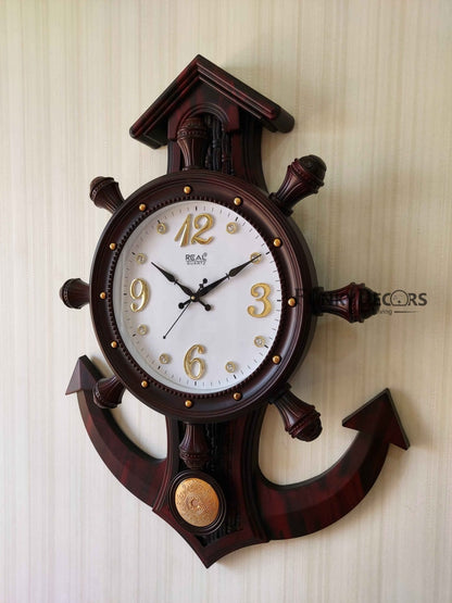 Funkytradition Decorative Retro Anchor Ship Steering Shape Plastic Pendulum Wall Clock For Home