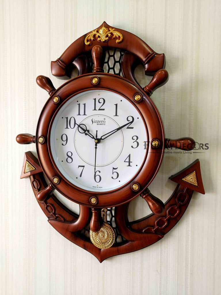 Funkytradition Decorative Retro Anchor Ship Steering Shape Plastic Pendulum Wall Clock For Home