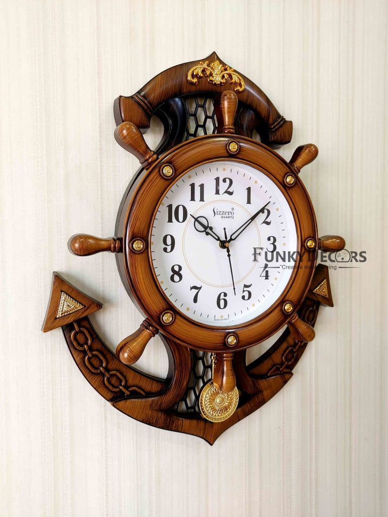 Funkytradition Decorative Retro Anchor Ship Steering Shape Plastic Pendulum Wall Clock For Home