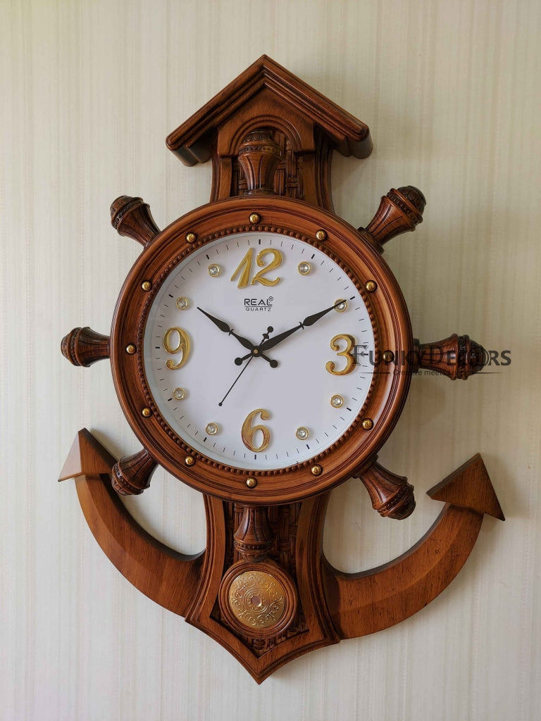 Funkytradition Decorative Retro Anchor Ship Steering Shape Plastic Pendulum Wall Clock For Home