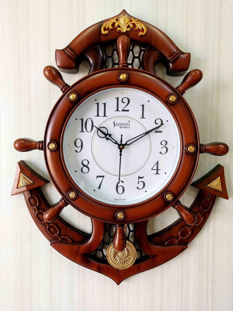 Funkytradition Decorative Retro Anchor Ship Steering Shape Plastic Pendulum Wall Clock For Home