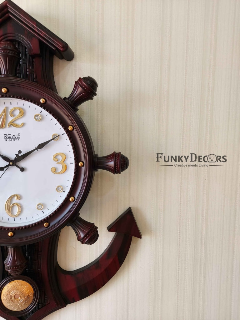 Funkytradition Decorative Retro Anchor Ship Steering Shape Plastic Pendulum Wall Clock For Home