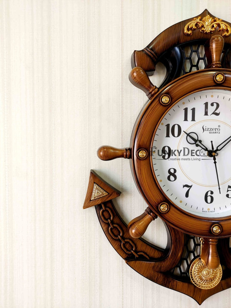 Funkytradition Decorative Retro Anchor Ship Steering Shape Plastic Pendulum Wall Clock For Home