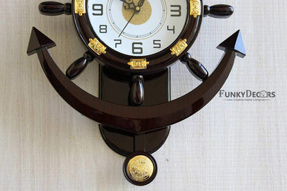 FunkyTradition Decorative Retro Anchor Ship Steering Shape Plastic Pendulum Wall Clock for Home Office Decor and Gifts 50 CM Tall