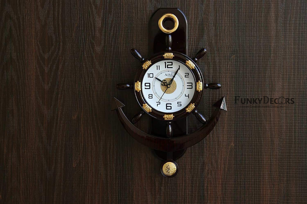 FunkyTradition Decorative Retro Anchor Ship Steering Shape Plastic Pendulum Wall Clock for Home Office Decor and Gifts 50 CM Tall