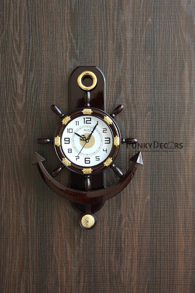 FunkyTradition Decorative Retro Anchor Ship Steering Shape Plastic Pendulum Wall Clock for Home Office Decor and Gifts 50 CM Tall