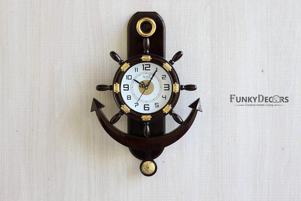 FunkyTradition Decorative Retro Anchor Ship Steering Shape Plastic Pendulum Wall Clock for Home Office Decor and Gifts 50 CM Tall