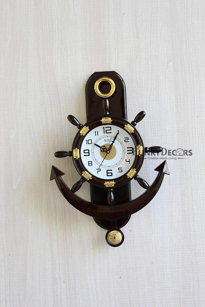 FunkyTradition Decorative Retro Anchor Ship Steering Shape Plastic Pendulum Wall Clock for Home Office Decor and Gifts 50 CM Tall