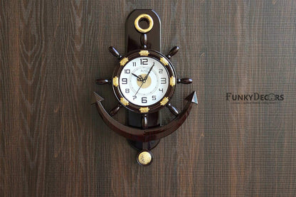 FunkyTradition Decorative Retro Anchor Ship Steering Shape Plastic Pendulum Wall Clock for Home Office Decor and Gifts 50 CM Tall